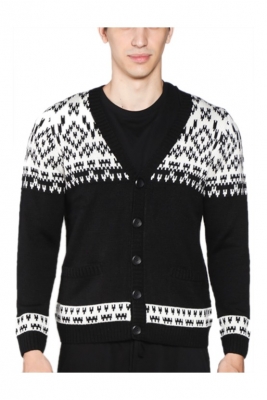 Men's Wool Button Front Cardigan in Jacquard Knit